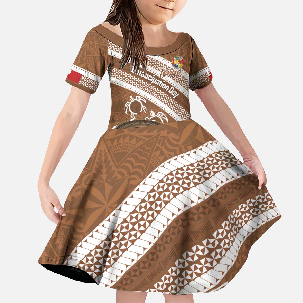 Kingdom Of Tonga Emancipation Day Family Matching Off The Shoulder Long Sleeve Dress and Hawaiian Shirt Tongan Ngatu With Kumete Brown LT14 Daughter's Dress Brown - Polynesian Pride