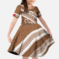 Kingdom Of Tonga Emancipation Day Family Matching Off The Shoulder Long Sleeve Dress and Hawaiian Shirt Tongan Ngatu With Kumete Brown LT14 Daughter's Dress Brown - Polynesian Pride