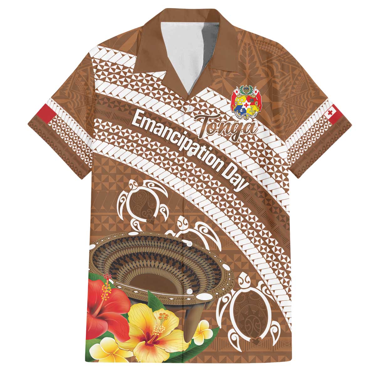 Kingdom Of Tonga Emancipation Day Family Matching Off The Shoulder Long Sleeve Dress and Hawaiian Shirt Tongan Ngatu With Kumete Brown LT14 Dad's Shirt - Short Sleeve Brown - Polynesian Pride