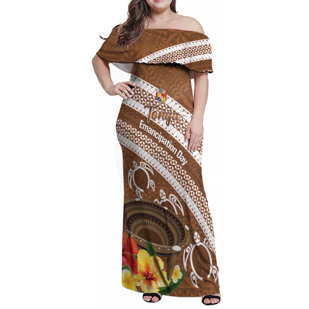 Kingdom Of Tonga Emancipation Day Family Matching Off Shoulder Maxi Dress and Hawaiian Shirt Tongan Ngatu With Kumete Brown