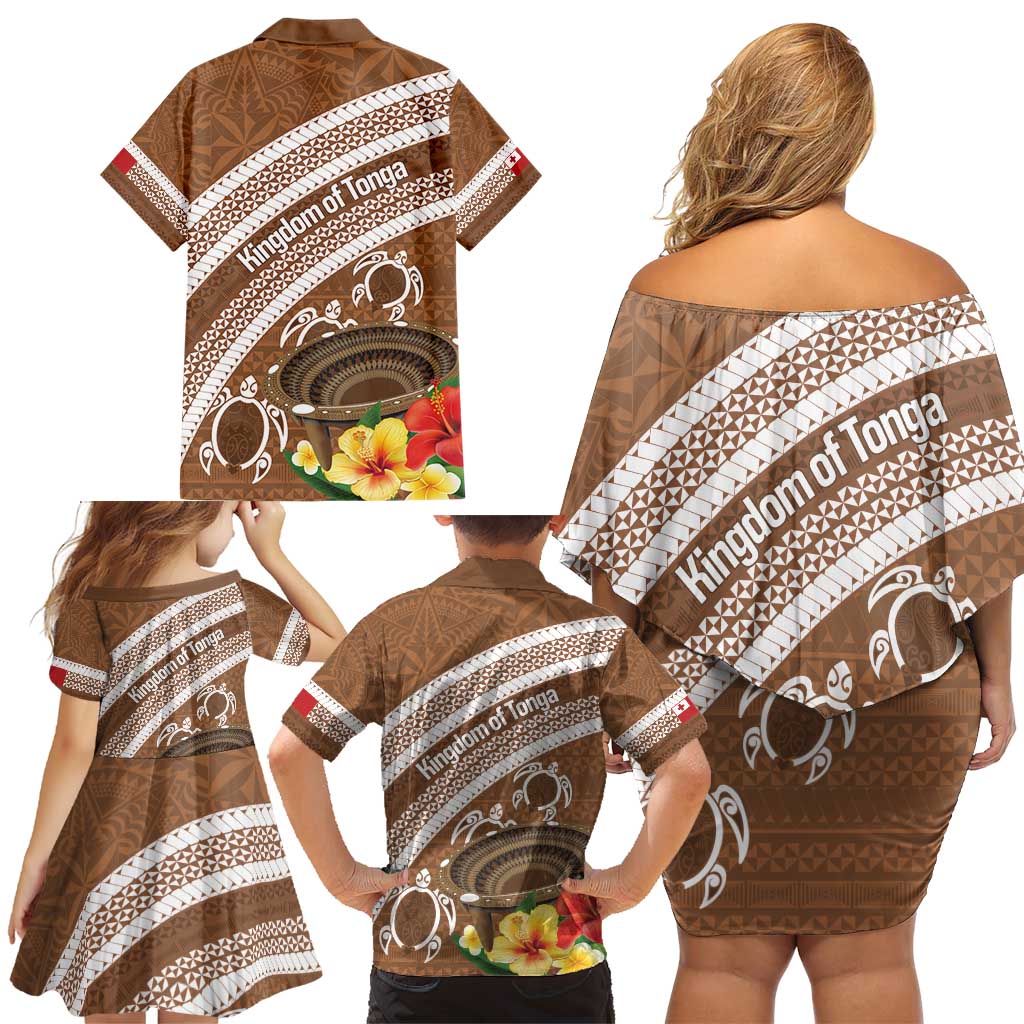 Kingdom Of Tonga Emancipation Day Family Matching Off Shoulder Short Dress and Hawaiian Shirt Tongan Ngatu With Kumete Brown