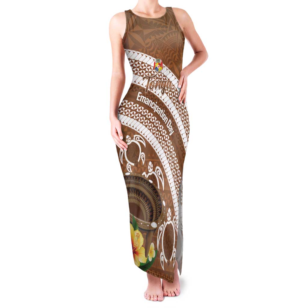 Kingdom Of Tonga Emancipation Day Family Matching Tank Maxi Dress and Hawaiian Shirt Tongan Ngatu With Kumete Brown