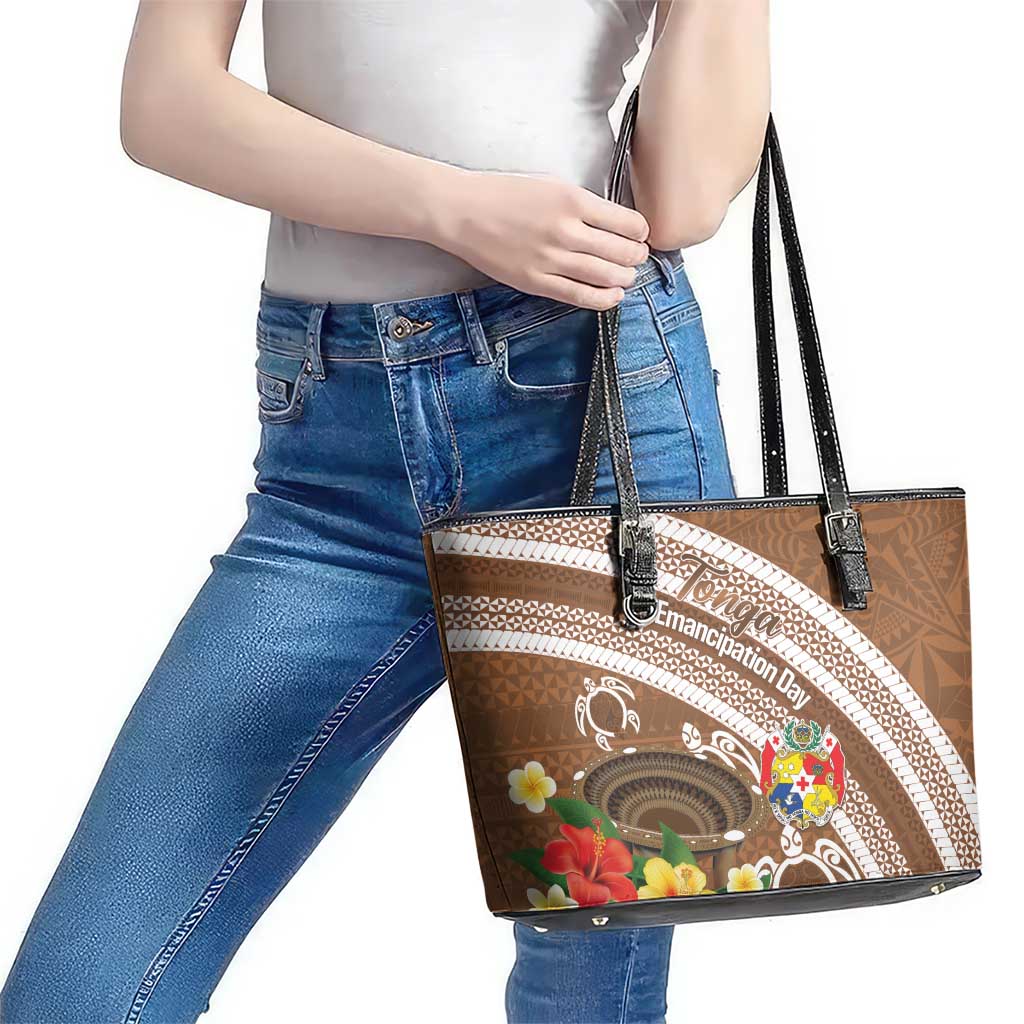Kingdom Of Tonga Emancipation Day Leather Tote Bag Tongan Ngatu With Kumete Brown
