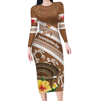 Kingdom Of Tonga Emancipation Day Long Sleeve Bodycon Dress Tongan Ngatu With Kumete Brown LT14 Long Dress Brown - Polynesian Pride