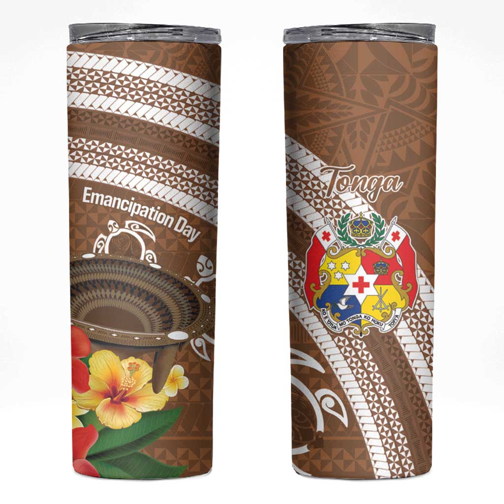 Kingdom Of Tonga Emancipation Day Skinny Tumbler Tongan Ngatu With Kumete Brown LT14 Brown - Polynesian Pride