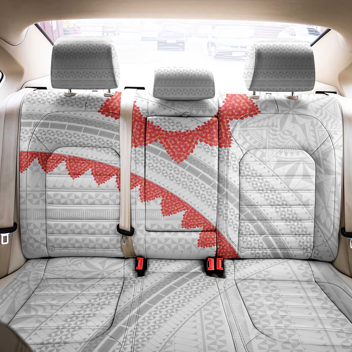 Tonga White Sunday Back Car Seat Cover Heilala Flowers Tongan Ngatu Pattern