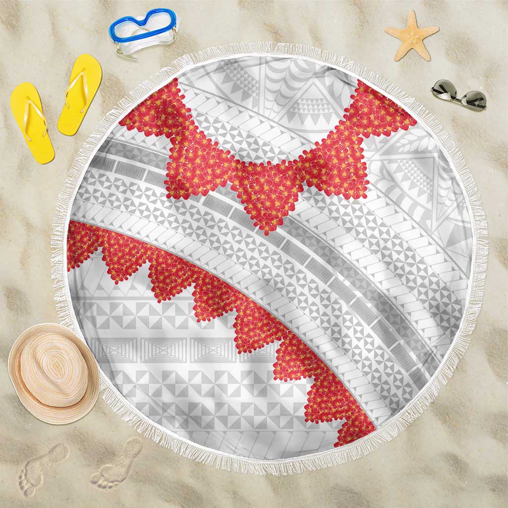Tonga White Sunday Beach Blanket Heilala Flowers Tongan Ngatu Pattern