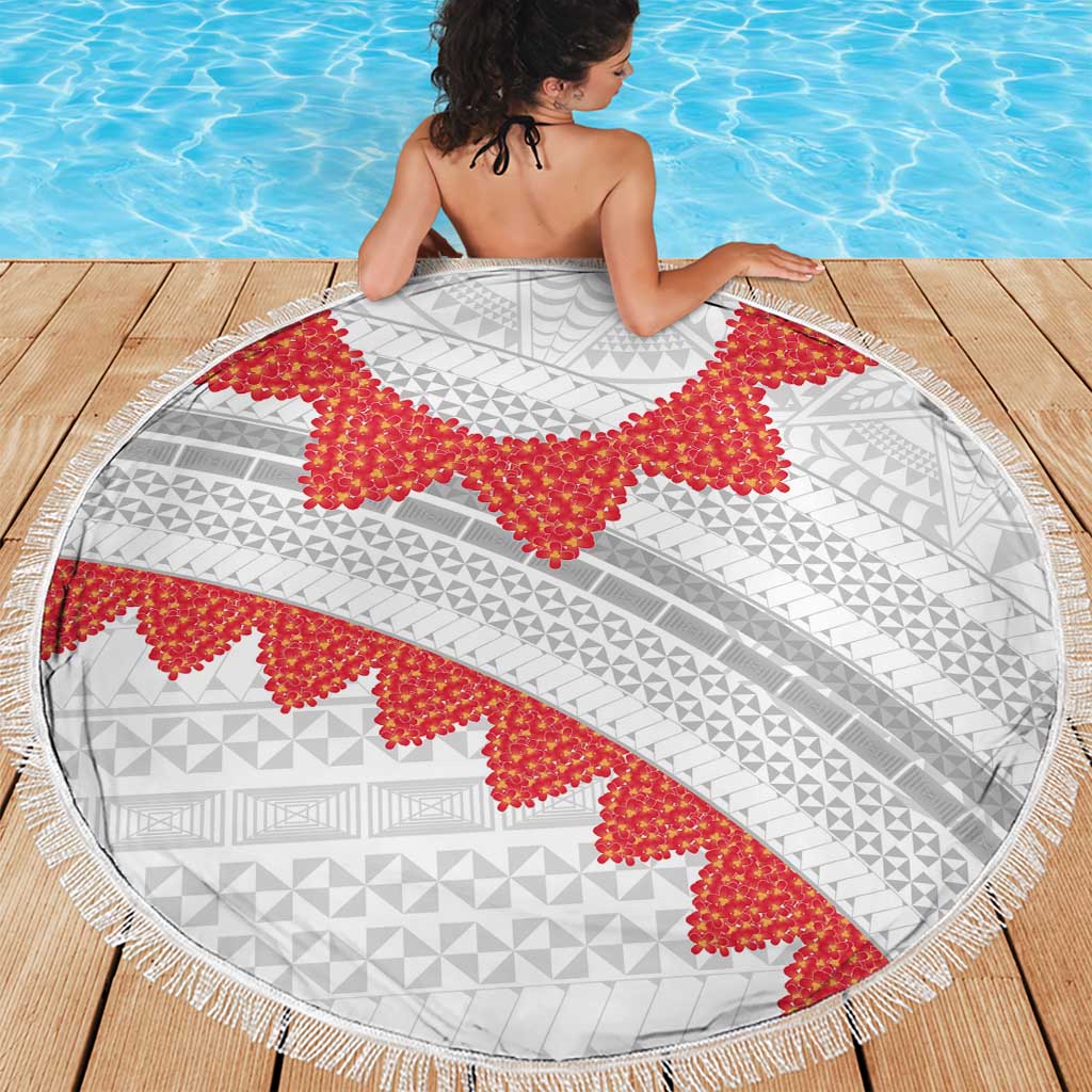 Tonga White Sunday Beach Blanket Heilala Flowers Tongan Ngatu Pattern