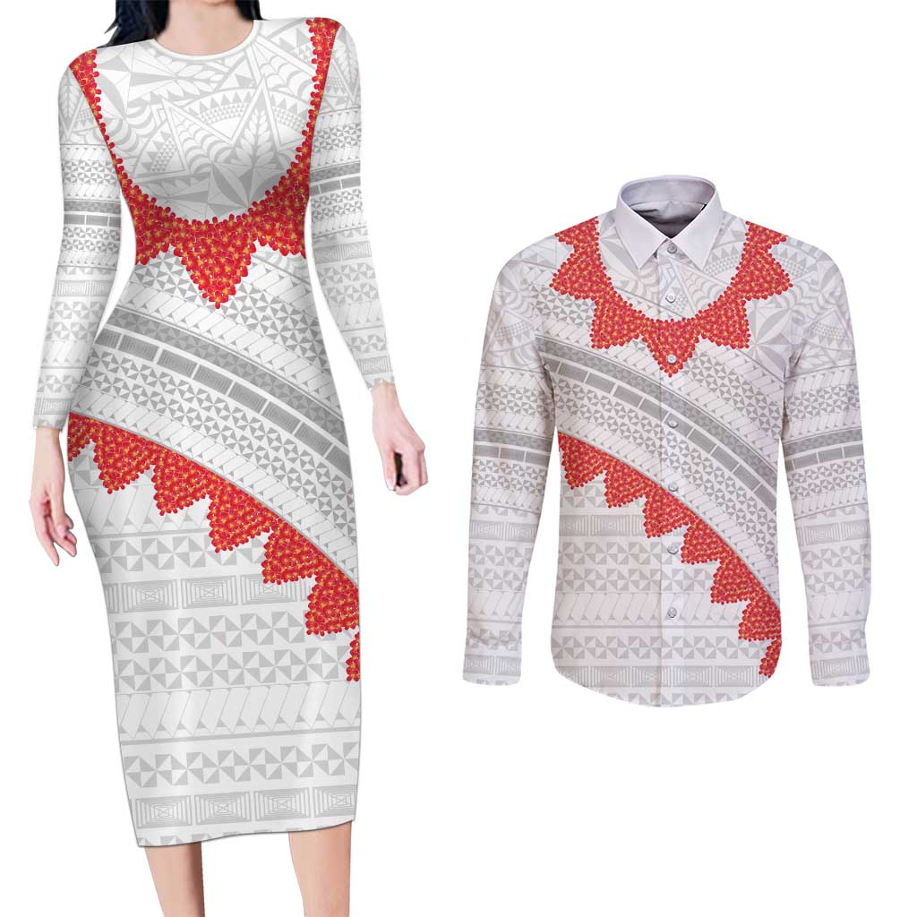 Tonga White Sunday Couples Matching Long Sleeve Bodycon Dress and Long Sleeve Button Shirt Heilala Flowers Tongan Ngatu Pattern