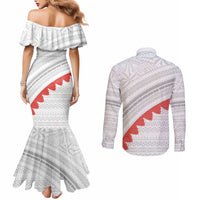 Tonga White Sunday Couples Matching Mermaid Dress and Long Sleeve Button Shirt Heilala Flowers Tongan Ngatu Pattern