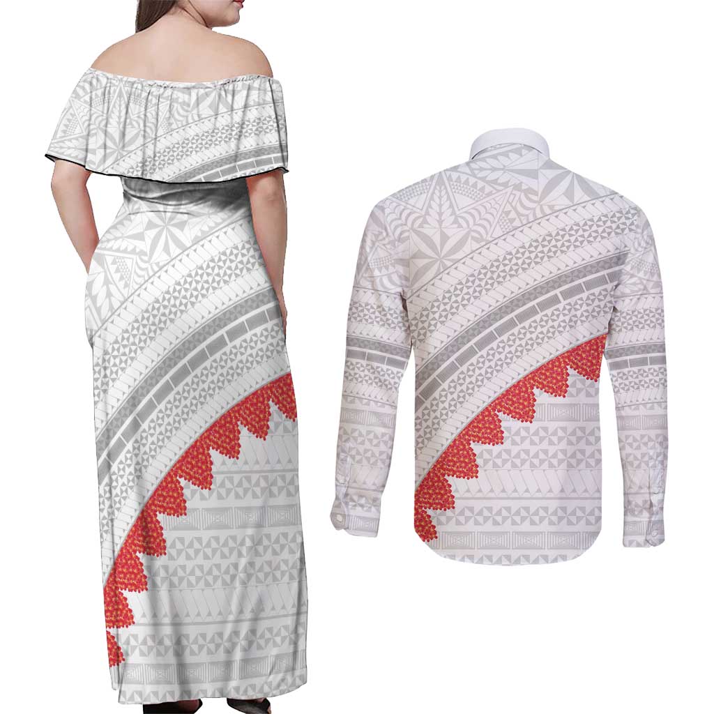 Tonga White Sunday Couples Matching Off Shoulder Maxi Dress and Long Sleeve Button Shirt Heilala Flowers Tongan Ngatu Pattern