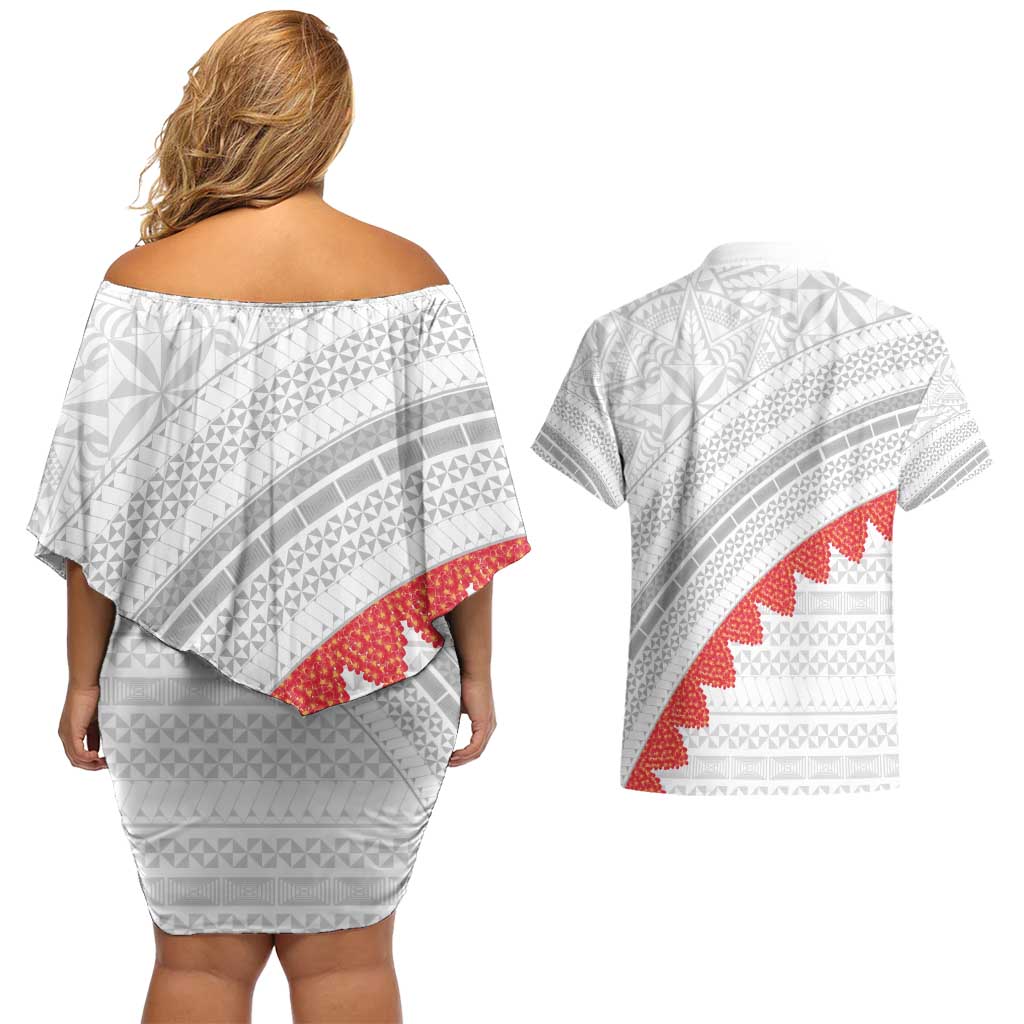 Tonga White Sunday Couples Matching Off Shoulder Short Dress and Hawaiian Shirt Heilala Flowers Tongan Ngatu Pattern