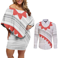 Tonga White Sunday Couples Matching Off Shoulder Short Dress and Long Sleeve Button Shirt Heilala Flowers Tongan Ngatu Pattern