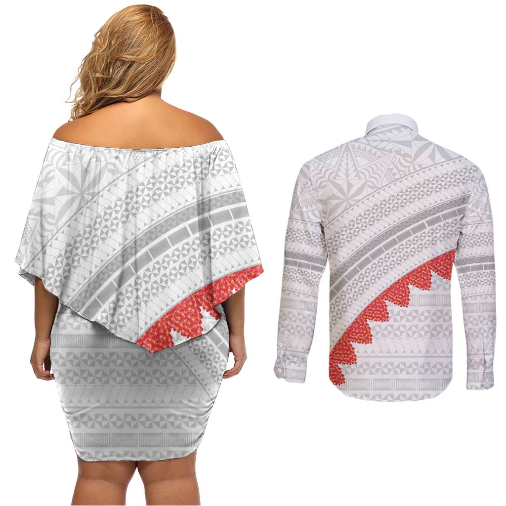 Tonga White Sunday Couples Matching Off Shoulder Short Dress and Long Sleeve Button Shirt Heilala Flowers Tongan Ngatu Pattern