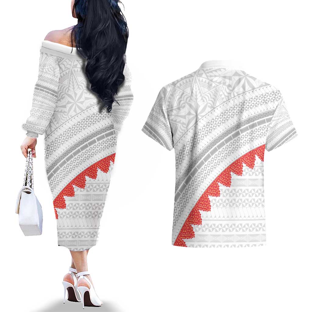 Tonga White Sunday Couples Matching Off The Shoulder Long Sleeve Dress and Hawaiian Shirt Heilala Flowers Tongan Ngatu Pattern
