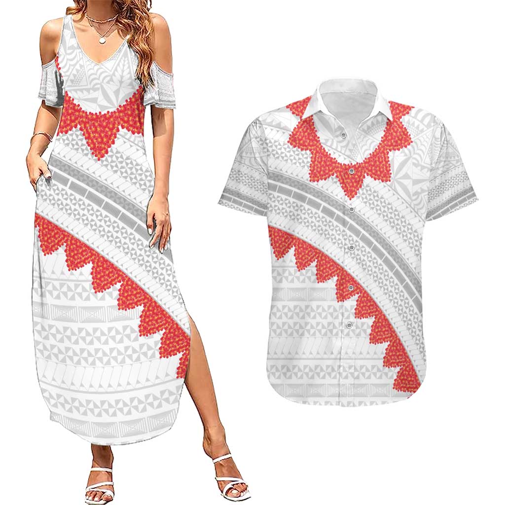 Tonga White Sunday Couples Matching Summer Maxi Dress and Hawaiian Shirt Heilala Flowers Tongan Ngatu Pattern