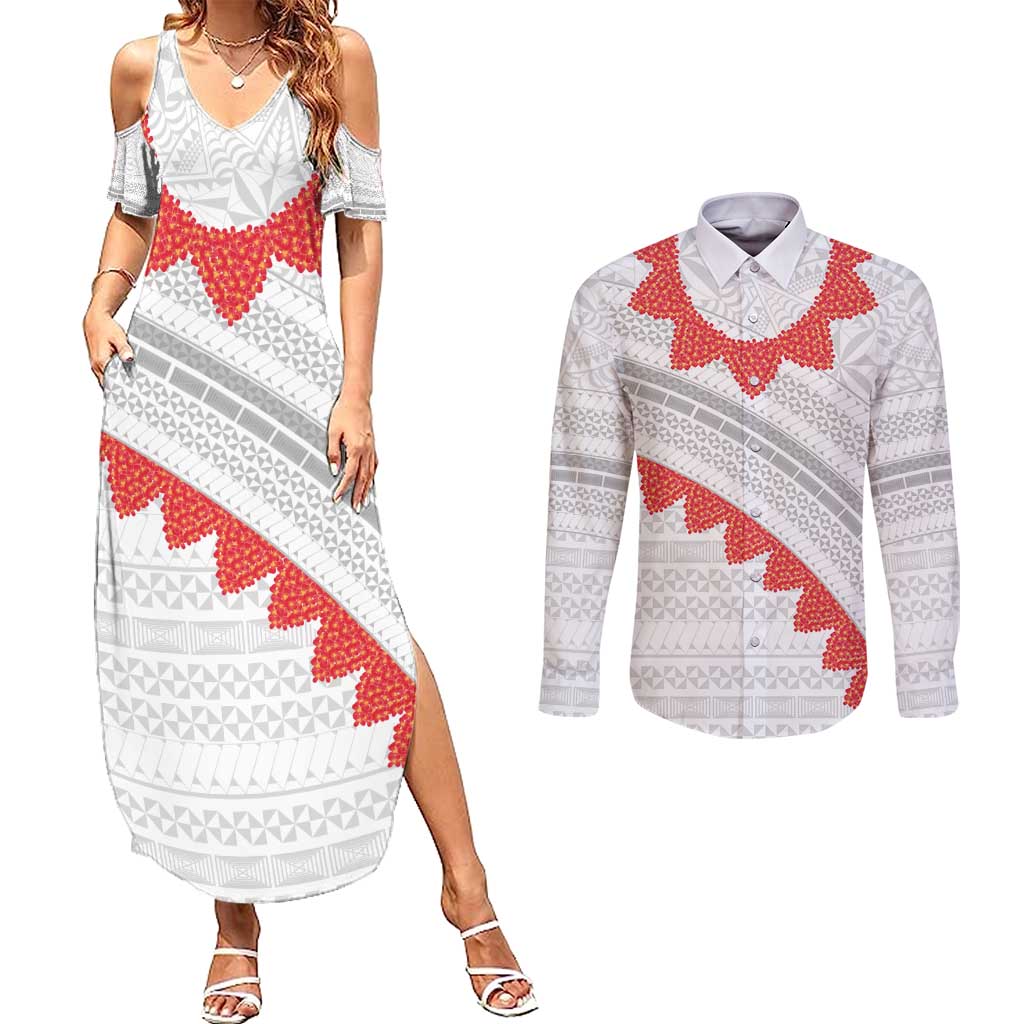 Tonga White Sunday Couples Matching Summer Maxi Dress and Long Sleeve Button Shirt Heilala Flowers Tongan Ngatu Pattern