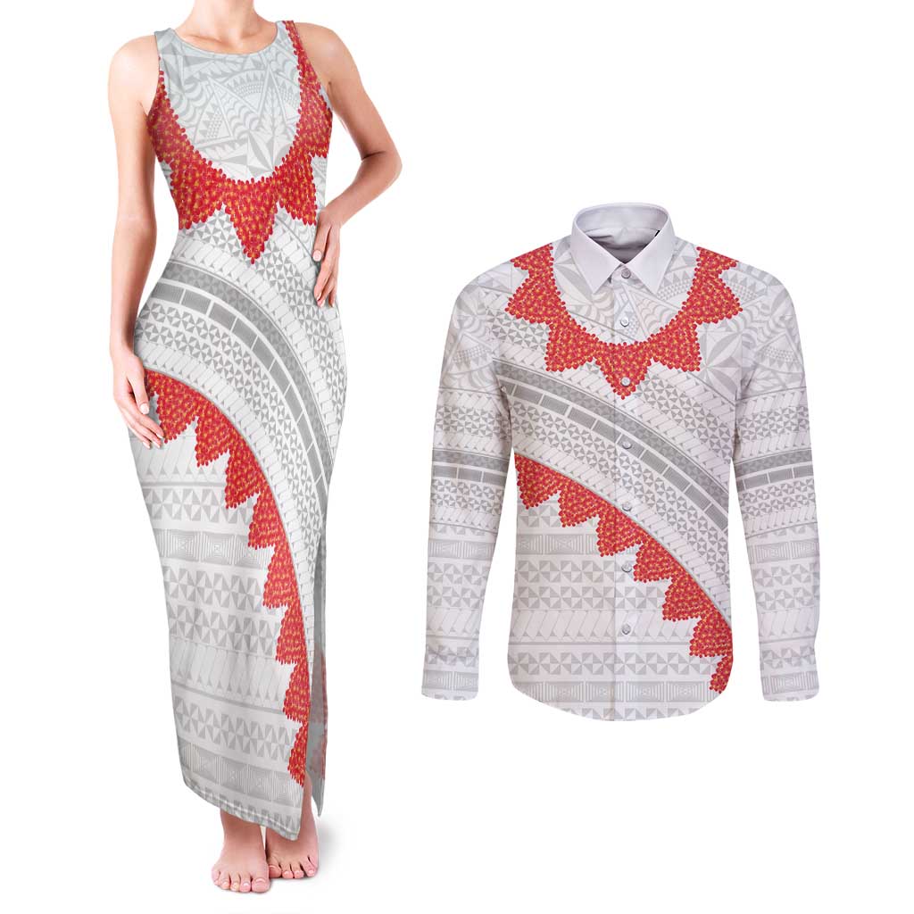 Tonga White Sunday Couples Matching Tank Maxi Dress and Long Sleeve Button Shirt Heilala Flowers Tongan Ngatu Pattern