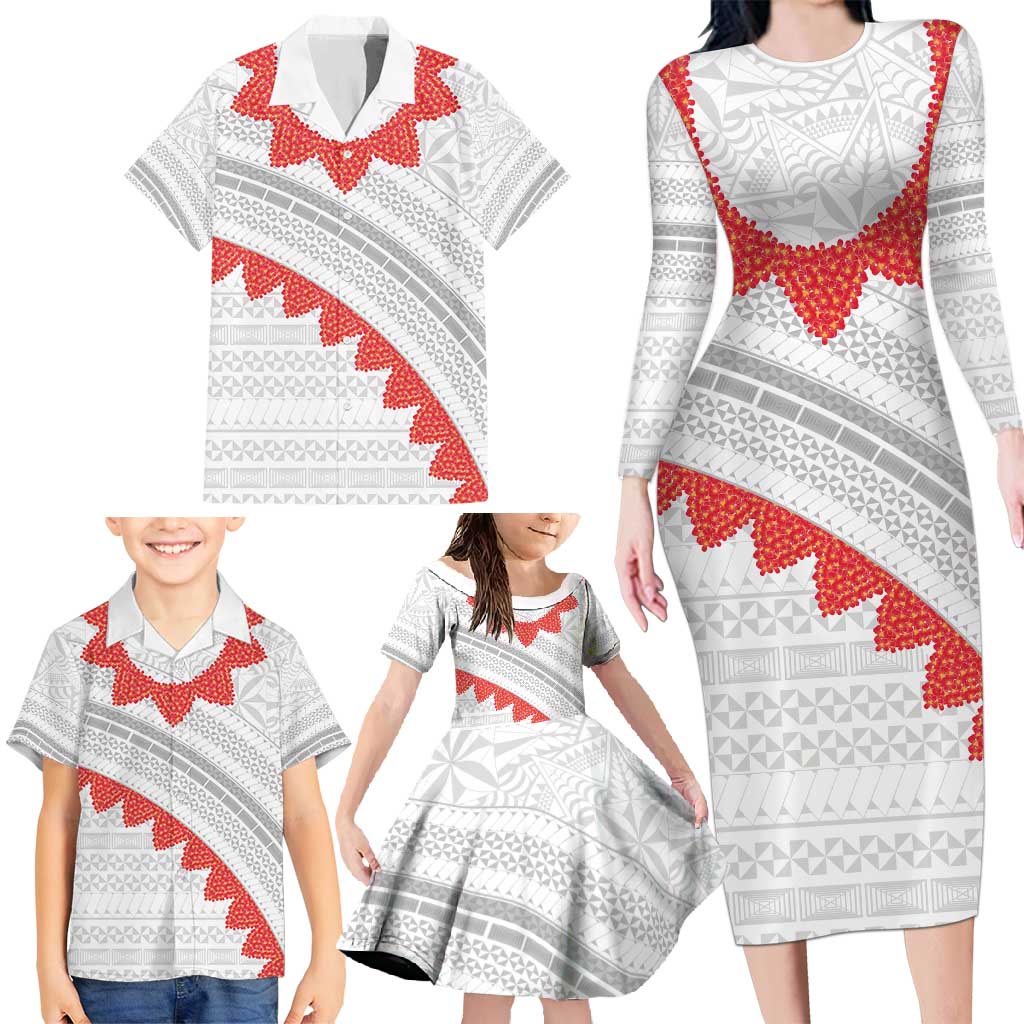 Tonga White Sunday Family Matching Long Sleeve Bodycon Dress and Hawaiian Shirt Heilala Flowers Tongan Ngatu Pattern