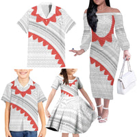 Tonga White Sunday Family Matching Off The Shoulder Long Sleeve Dress and Hawaiian Shirt Heilala Flowers Tongan Ngatu Pattern