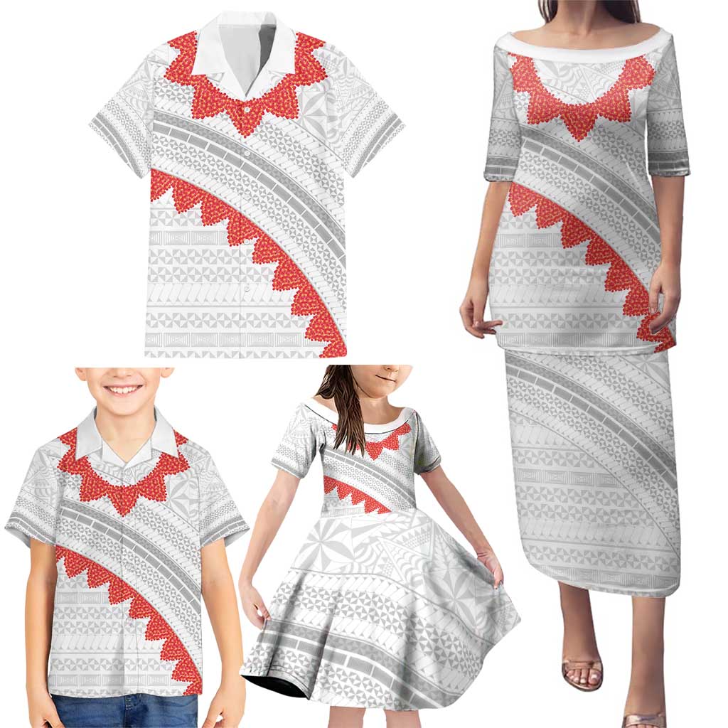 Tonga White Sunday Family Matching Puletasi and Hawaiian Shirt Heilala Flowers Tongan Ngatu Pattern