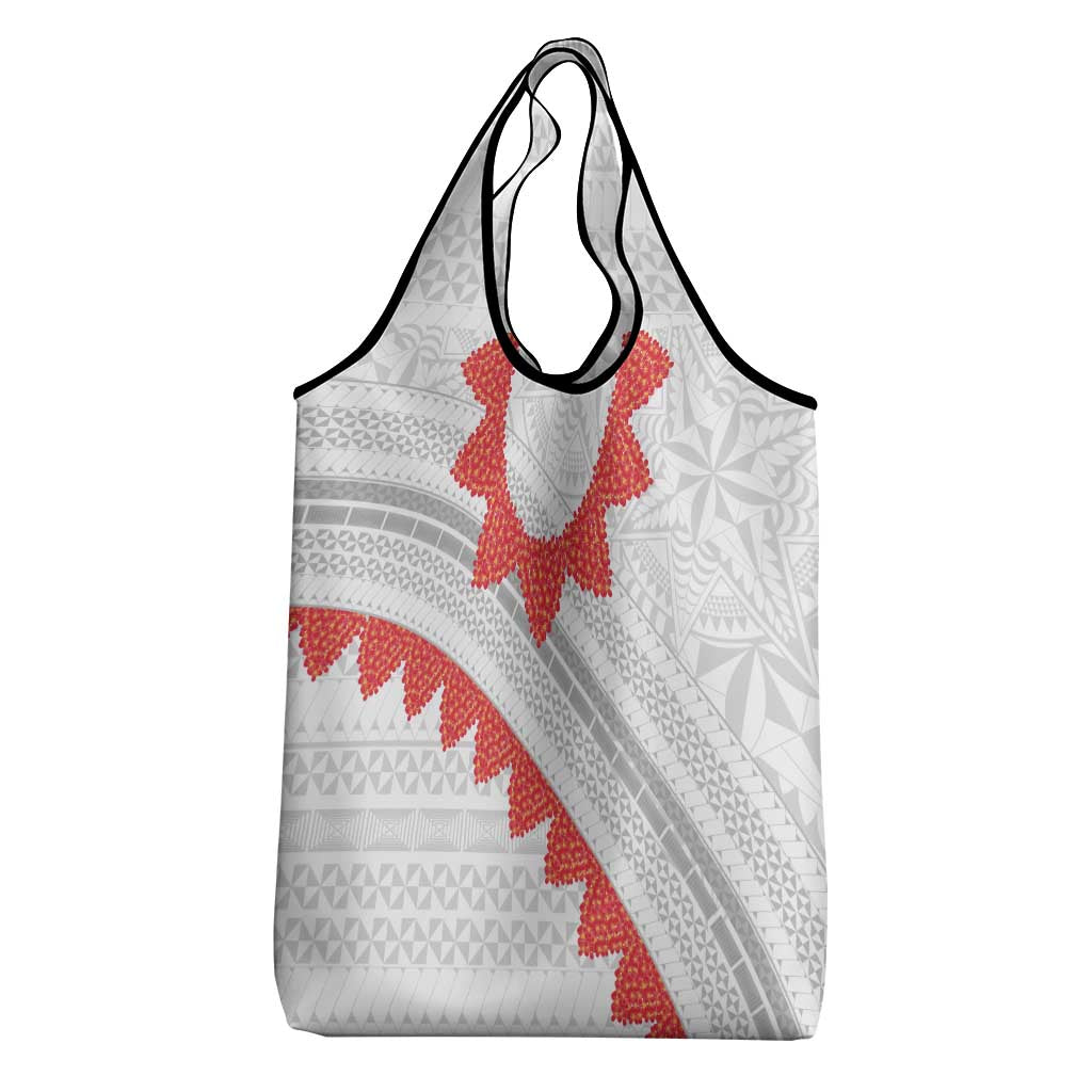 Tonga White Sunday Grocery Bag Heilala Flowers Tongan Ngatu Pattern