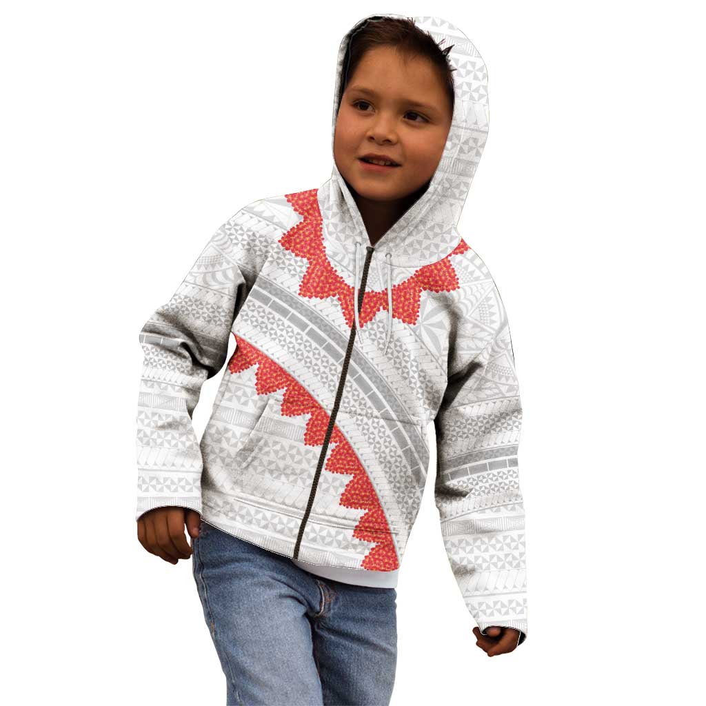Tonga White Sunday Kid Hoodie Heilala Flowers Tongan Ngatu Pattern
