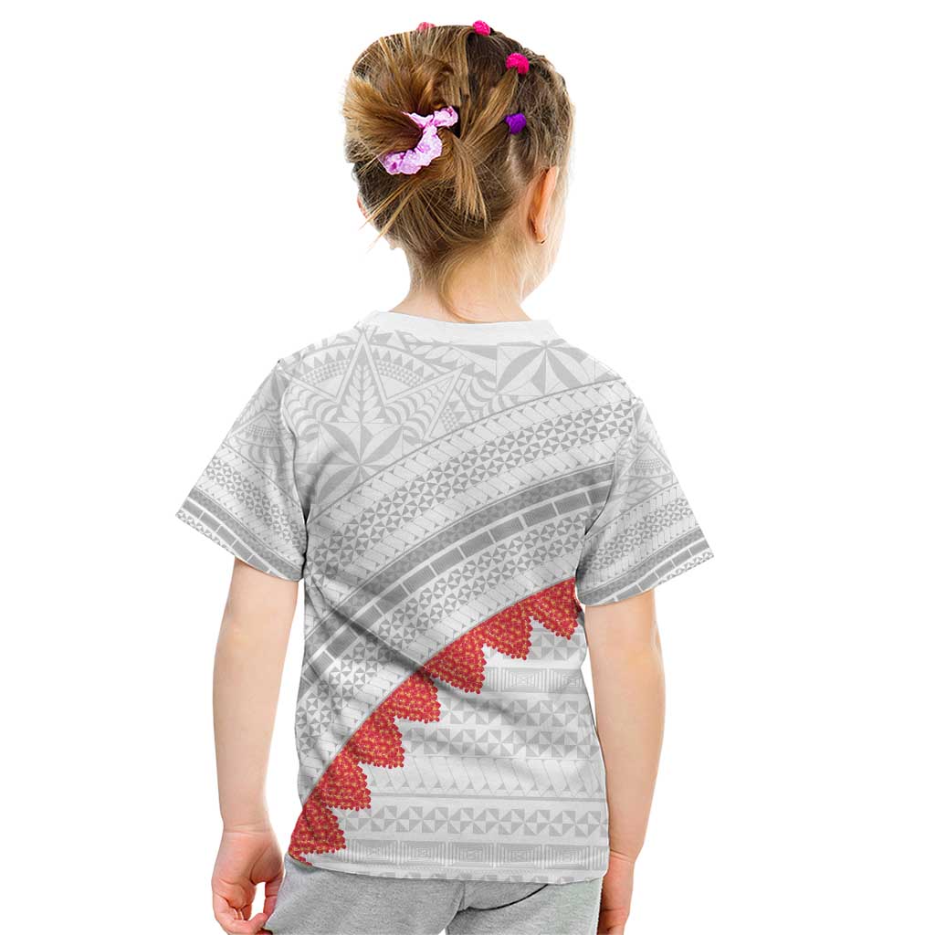 Tonga White Sunday Kid T Shirt Heilala Flowers Tongan Ngatu Pattern