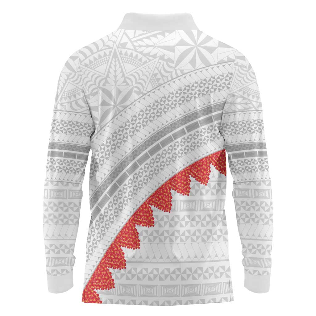 Tonga White Sunday Long Sleeve Polo Shirt Heilala Flowers Tongan Ngatu Pattern