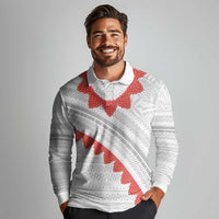 Tonga White Sunday Long Sleeve Polo Shirt Heilala Flowers Tongan Ngatu Pattern