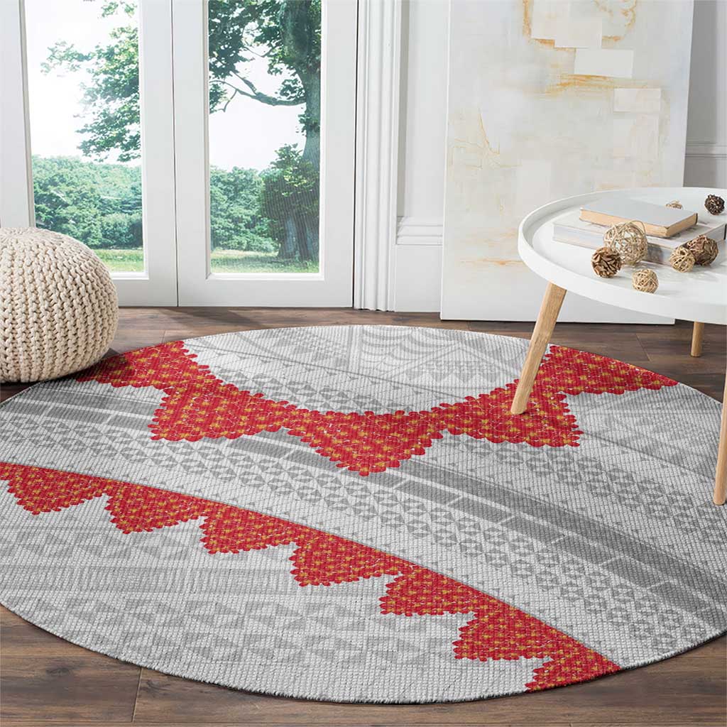 Tonga White Sunday Round Carpet Heilala Flowers Tongan Ngatu Pattern