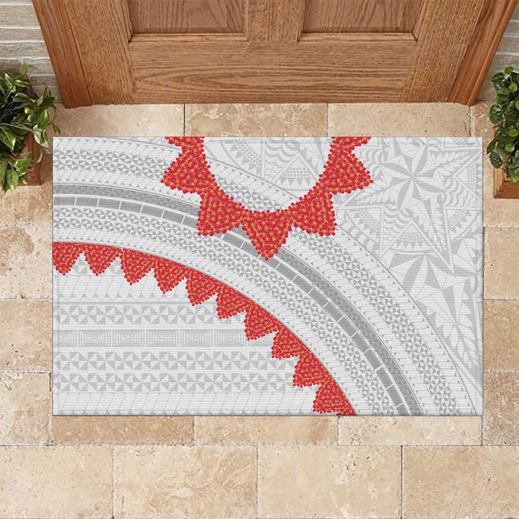 Tonga White Sunday Rubber Doormat Heilala Flowers Tongan Ngatu Pattern