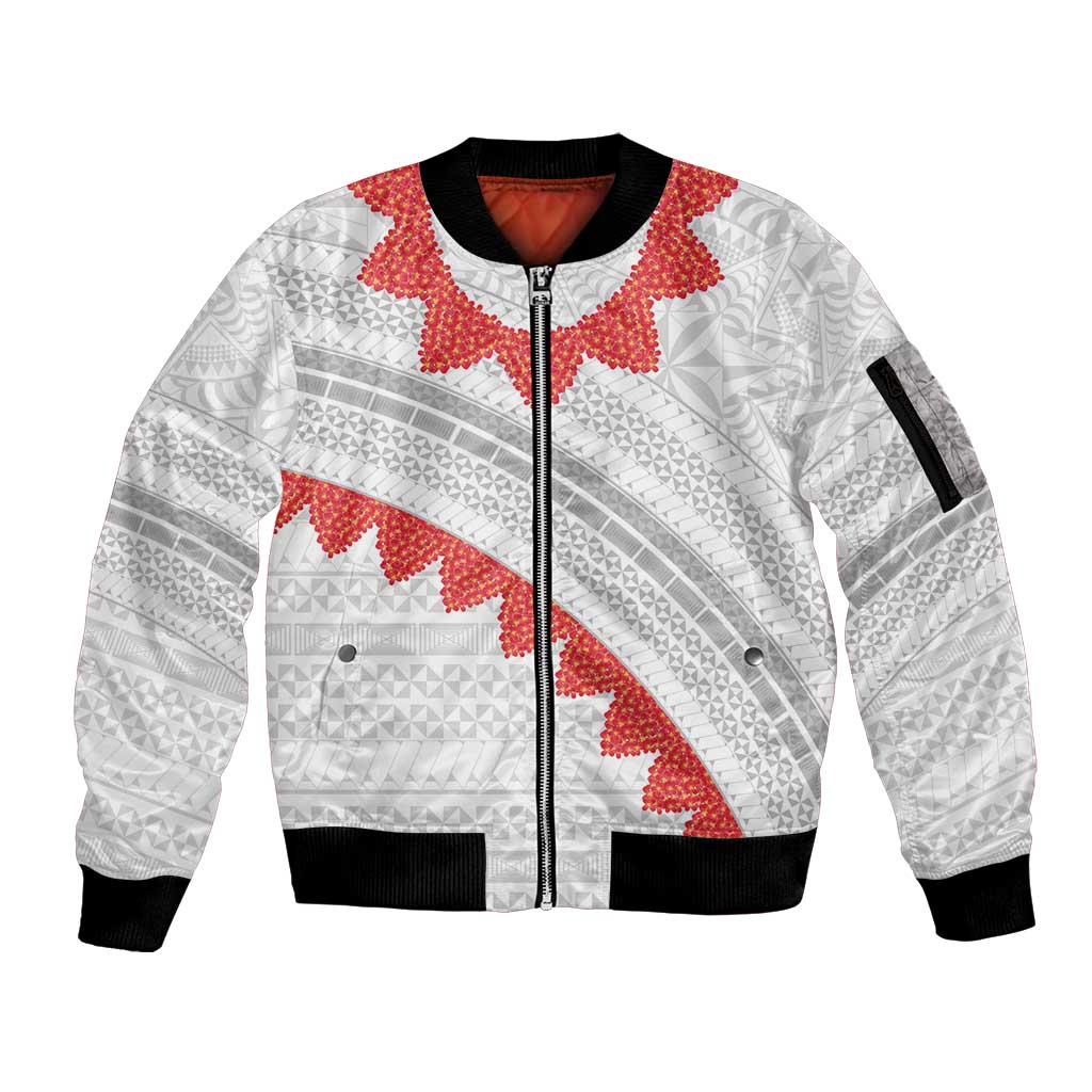 Tonga White Sunday Sleeve Zip Bomber Jacket Heilala Flowers Tongan Ngatu Pattern