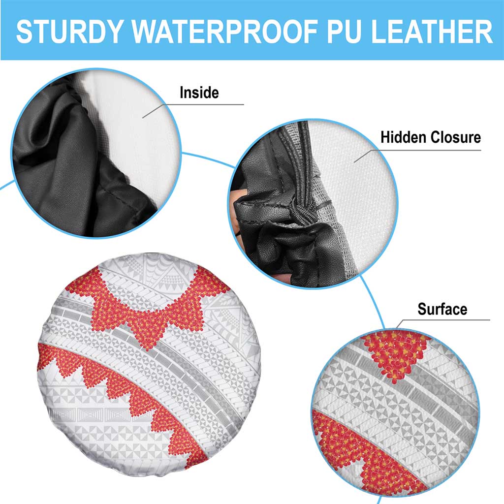 Tonga White Sunday Spare Tire Cover Heilala Flowers Tongan Ngatu Pattern