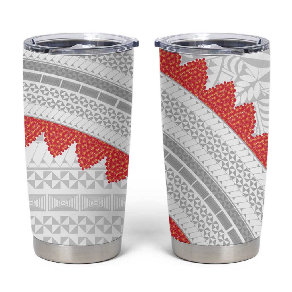 Tonga White Sunday Tumbler Cup Heilala Flowers Tongan Ngatu Pattern