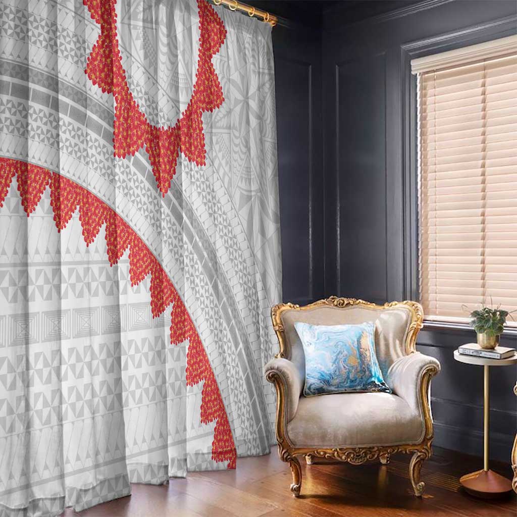Tonga White Sunday Window Curtain Heilala Flowers Tongan Ngatu Pattern