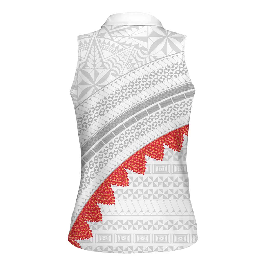 Tonga White Sunday Women Sleeveless Polo Shirt Heilala Flowers Tongan Ngatu Pattern