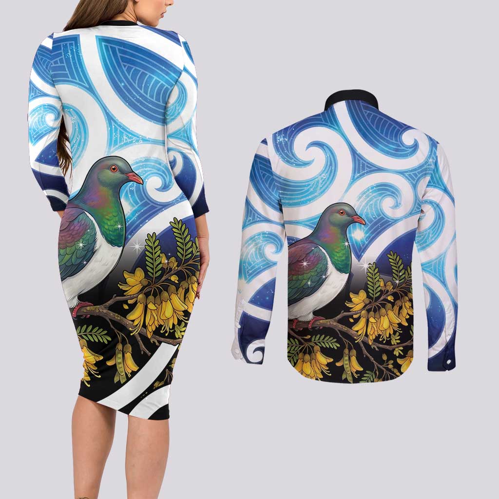 Kekeru New Zealand Matariki Couples Matching Long Sleeve Bodycon Dress and Long Sleeve Button Shirt Kukupa Kowhai Maori New Year Blue Version LT14 - Polynesian Pride