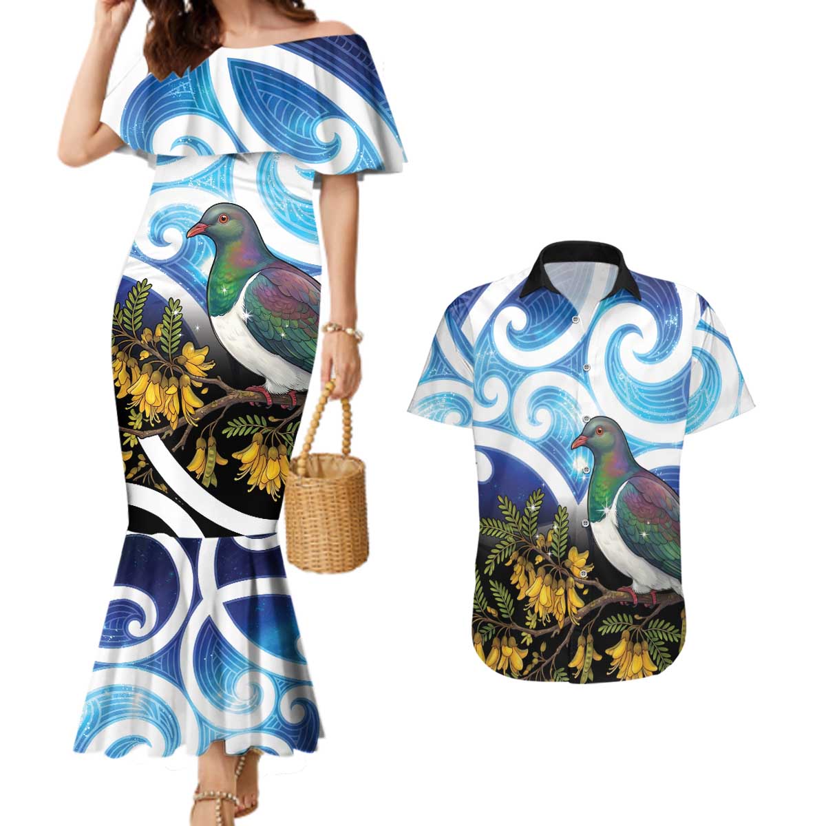 Kekeru New Zealand Matariki Couples Matching Mermaid Dress and Hawaiian Shirt Kukupa Kowhai Maori New Year Blue Version