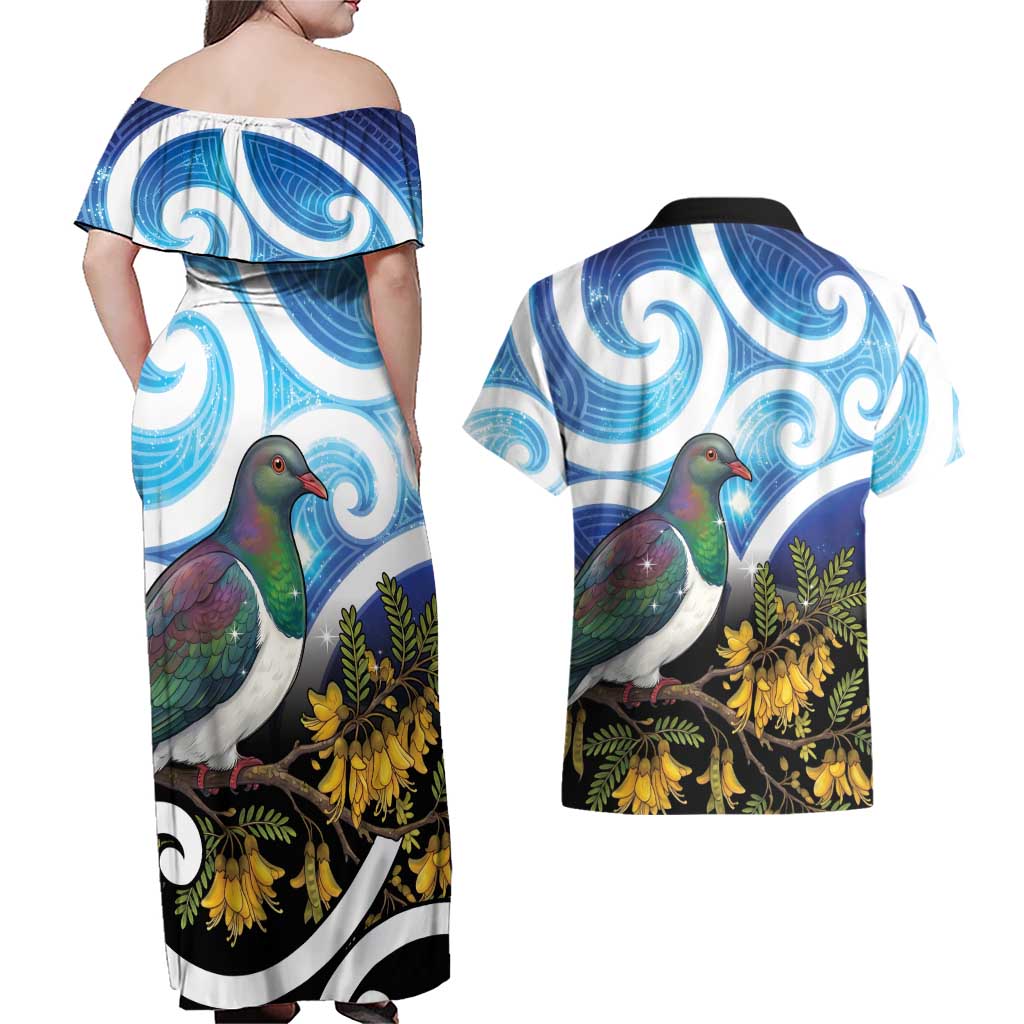 Kekeru New Zealand Matariki Couples Matching Off Shoulder Maxi Dress and Hawaiian Shirt Kukupa Kowhai Maori New Year Blue Version LT14 - Polynesian Pride