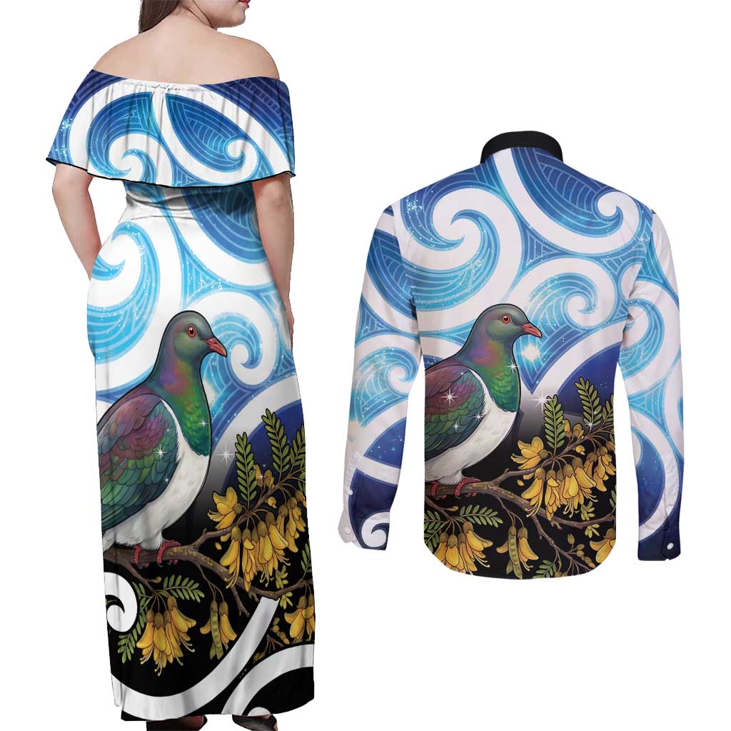 Kekeru New Zealand Matariki Couples Matching Off Shoulder Maxi Dress and Long Sleeve Button Shirt Kukupa Kowhai Maori New Year Blue Version LT14 - Polynesian Pride