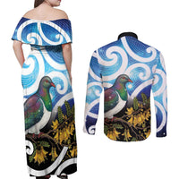 Kekeru New Zealand Matariki Couples Matching Off Shoulder Maxi Dress and Long Sleeve Button Shirt Kukupa Kowhai Maori New Year Blue Version LT14 - Polynesian Pride