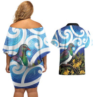 Kekeru New Zealand Matariki Couples Matching Off Shoulder Short Dress and Hawaiian Shirt Kukupa Kowhai Maori New Year Blue Version LT14 - Polynesian Pride