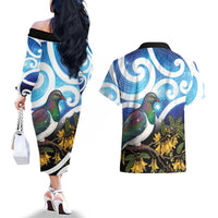 Kekeru New Zealand Matariki Couples Matching Off The Shoulder Long Sleeve Dress and Hawaiian Shirt Kukupa Kowhai Maori New Year Blue Version LT14 - Polynesian Pride
