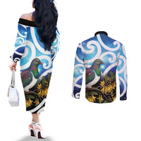 Kekeru New Zealand Matariki Couples Matching Off The Shoulder Long Sleeve Dress and Long Sleeve Button Shirt Kukupa Kowhai Maori New Year Blue Version LT14 - Polynesian Pride