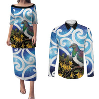 Kekeru New Zealand Matariki Couples Matching Puletasi and Long Sleeve Button Shirt Kukupa Kowhai Maori New Year Blue Version LT14 Blue - Polynesian Pride
