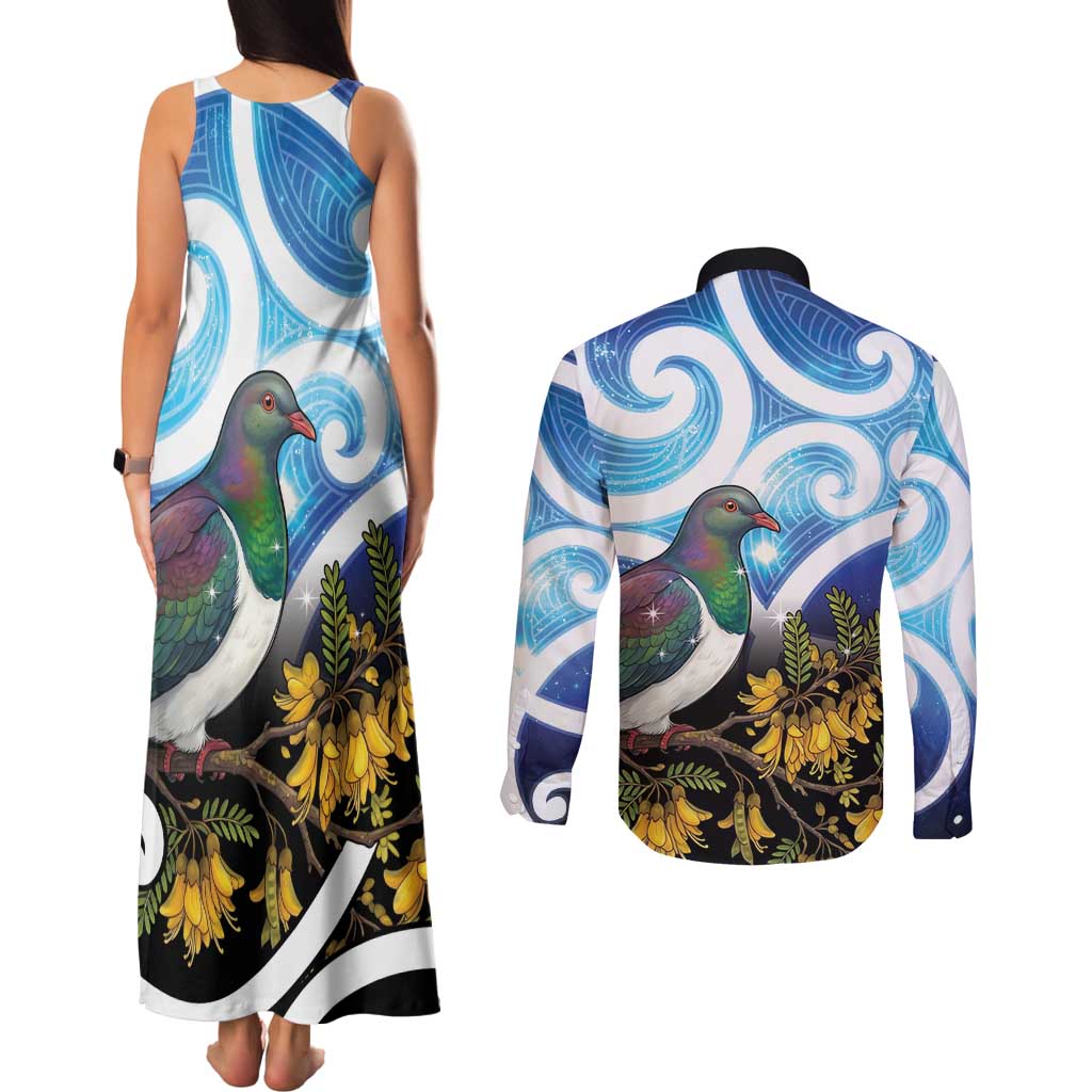 Kekeru New Zealand Matariki Couples Matching Tank Maxi Dress and Long Sleeve Button Shirt Kukupa Kowhai Maori New Year Blue Version LT14 - Polynesian Pride