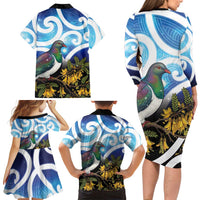 Kekeru New Zealand Matariki Family Matching Long Sleeve Bodycon Dress and Hawaiian Shirt Kukupa Kowhai Maori New Year Blue Version LT14 - Polynesian Pride