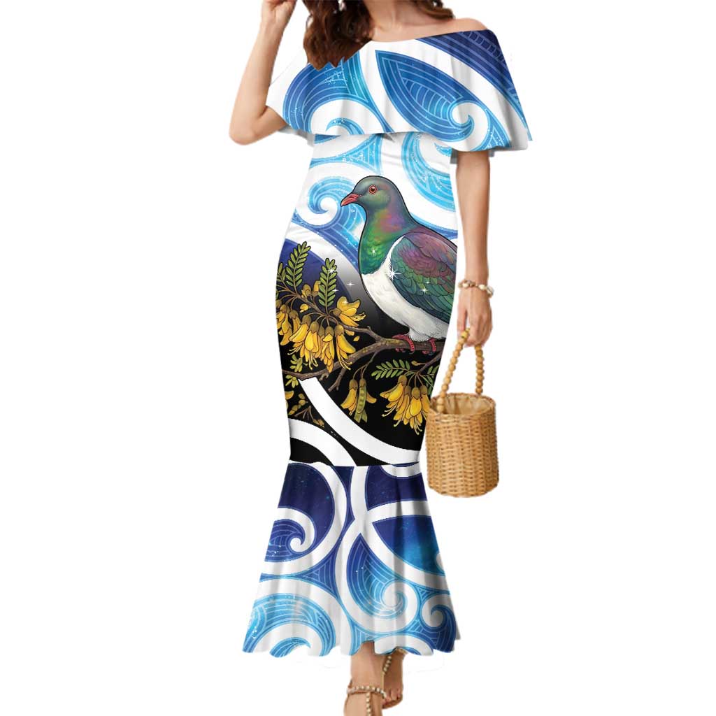 Kekeru New Zealand Matariki Family Matching Mermaid Dress and Hawaiian Shirt Kukupa Kowhai Maori New Year Blue Version LT14 Mom's Dress Blue - Polynesian Pride