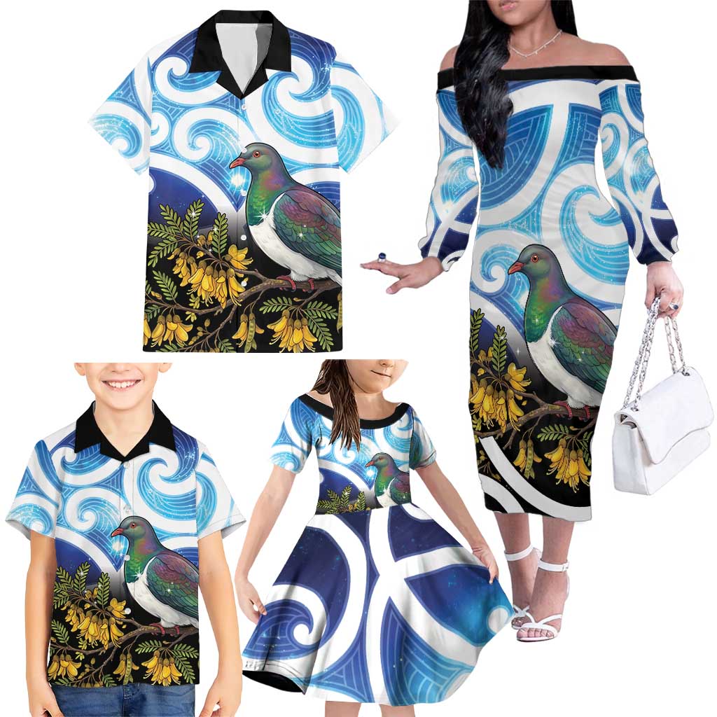Kekeru New Zealand Matariki Family Matching Off The Shoulder Long Sleeve Dress and Hawaiian Shirt Kukupa Kowhai Maori New Year Blue Version LT14 - Polynesian Pride